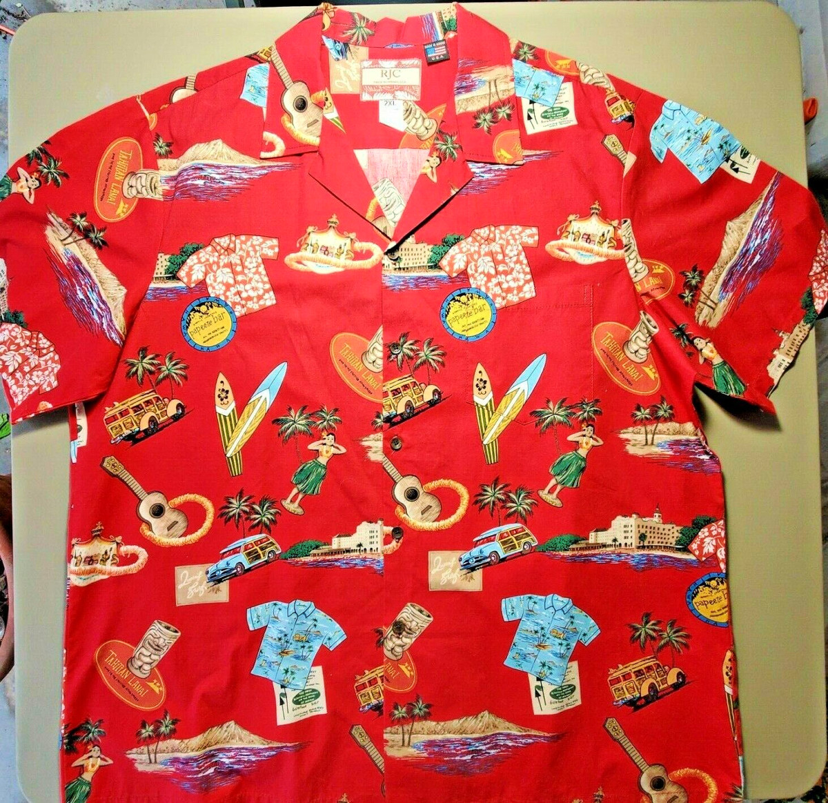 Hawaiian Shirt RJC Hawaii Made Red 100% Cotton Tiki style 2XL Mint condition. Classic Cars, Surfboards, Barefoot Bar, Aloha, Hawaiian.