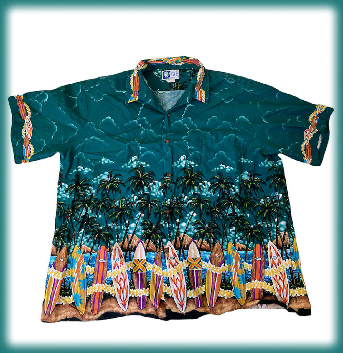 Styled By RJC Men's 3XL Hawaiian Cotton Shirt Palm Trees Ocean Made in Hawaii USA, Surf Board, Palm Trees.