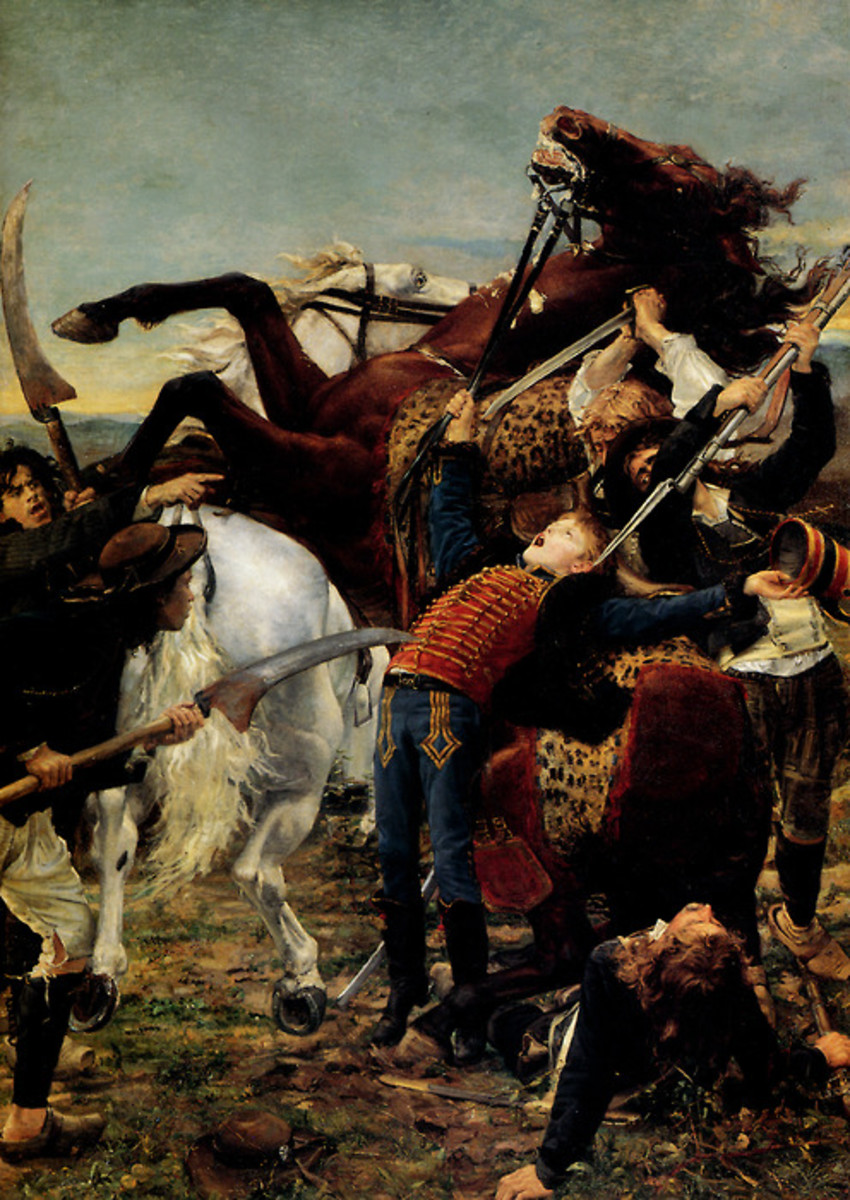 The painting "Mort de Bara" by Jean-Joseph Weerts depicts the use of a war scythe by a peasant against an army drummer.