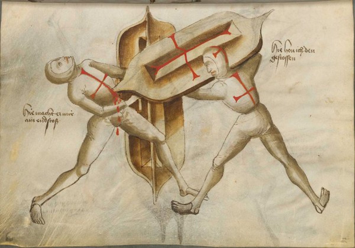 Another depiction of the use of shields in a formal duel