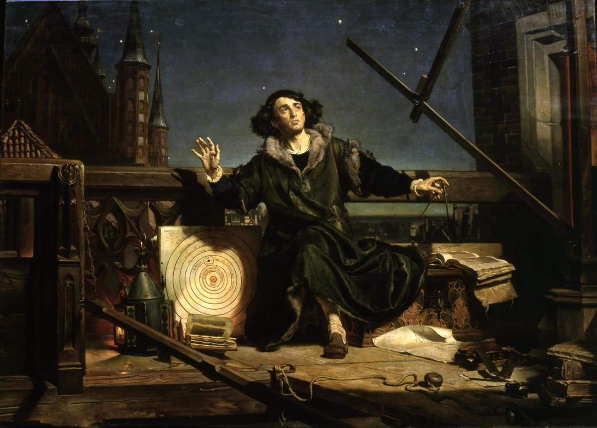 A 1873 painting titled “Astronomer Copernicus, or Conversation with God” by Jan Matejko. The painting depicts Copernicus atop his tower at Frombork, Poland—with the cathedral’s spires in the background—observing the sky with his wooden rulers (right)