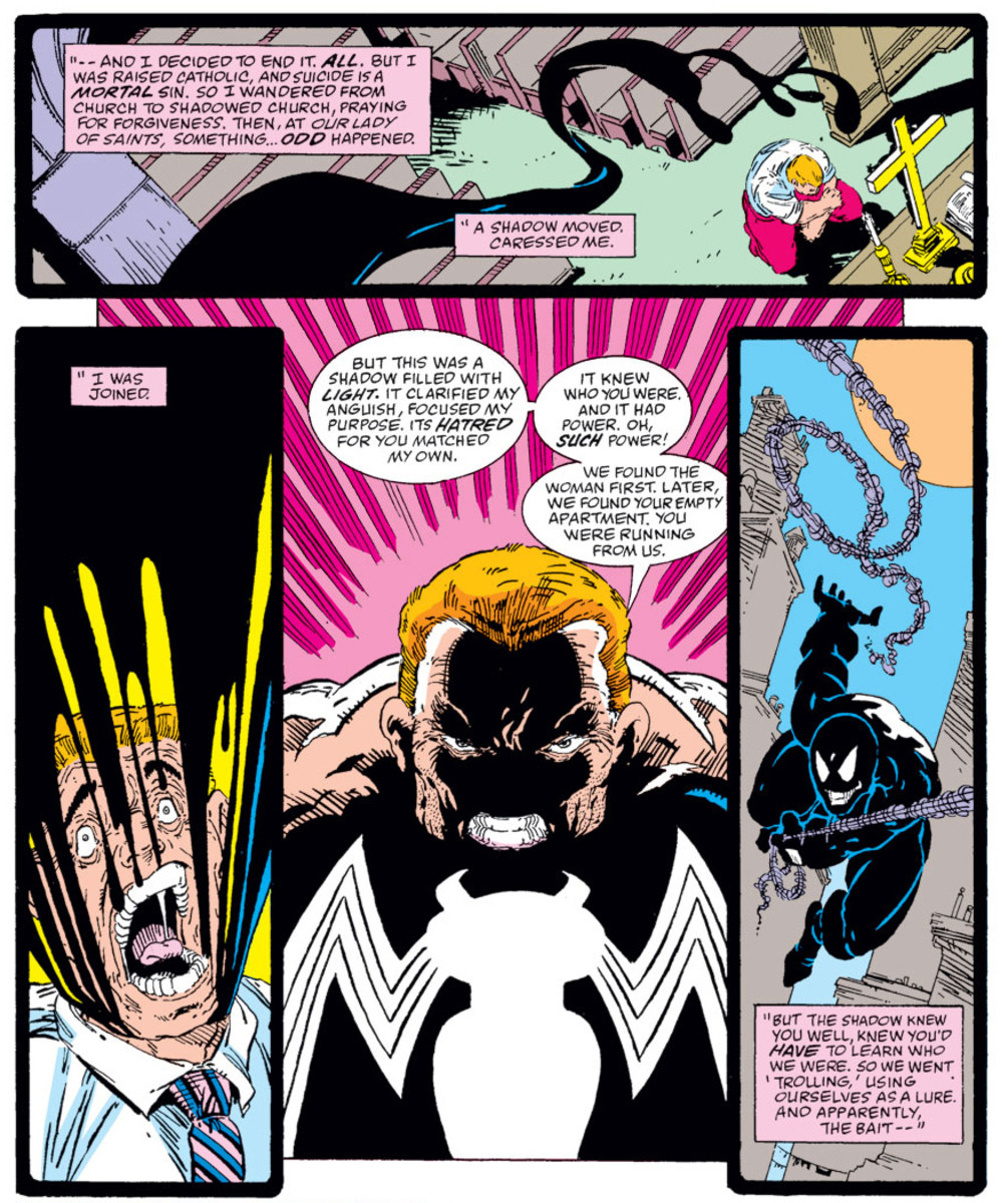 Venom origin told in Amazing Spider-Man #300. Story by David Michelinie with pencils and inks by Todd McFarlane. Colors by Bob Sharen and letters by Rick Parker.