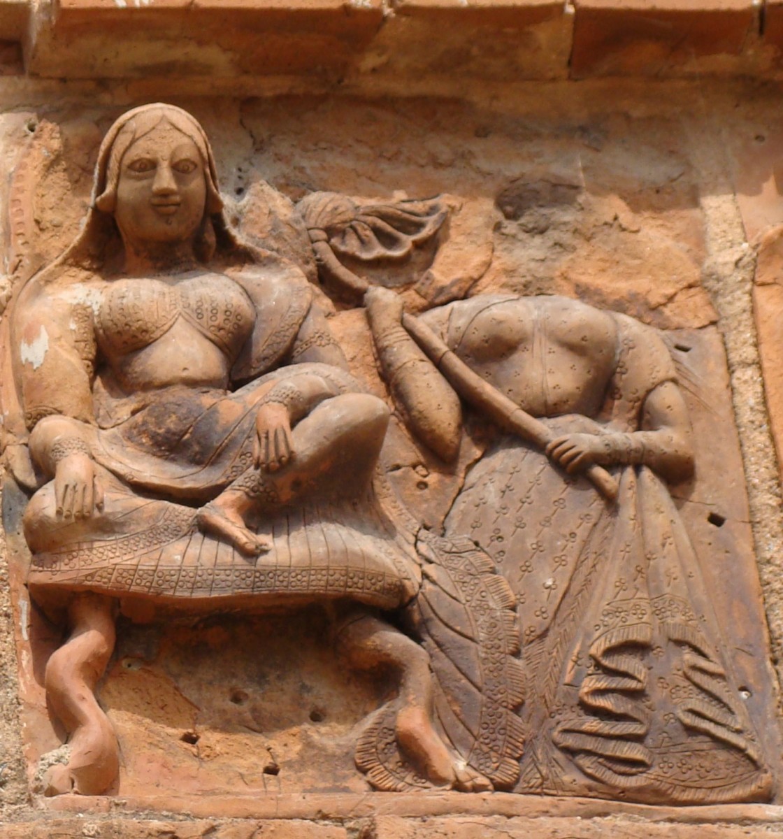 Fan bearer lady (partly damaged); terracotta; Lakshmi Janardan temple; Ghurisha; Birbhum