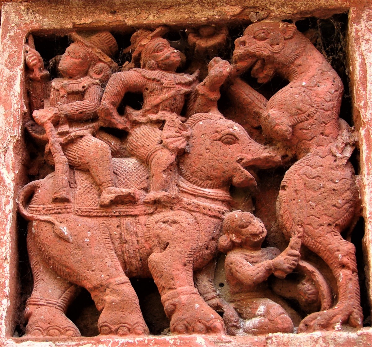 Hunters on elephant; terracotta, Gopinath temple, Dasghara, Hooghly