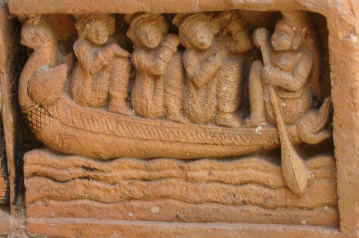 Story from the Ramayana : Guhak Chandal ferrying Rama-Laxmana-Sita in his boat; terracotta; Gangeshwar temple; Baronagar, Murshidabad
