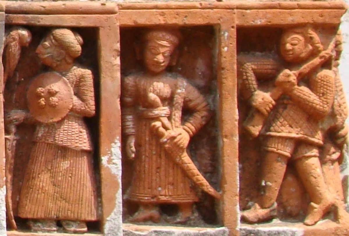 Guards with different weapons; Charbangla temple; Baronagar, Murshidabad