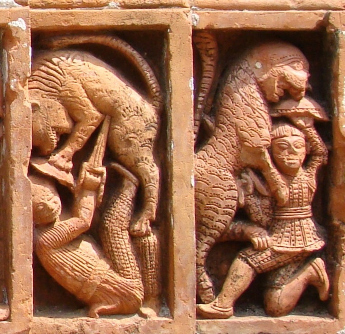 Hunter; terracotta; Charbangla temple; Baronagar, Murshidabad