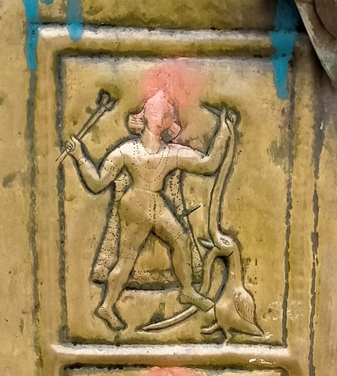 Krishna slaying Bakasura, the Bird demon; brass engraving; Brass chariot, Ajodhya, Bankura