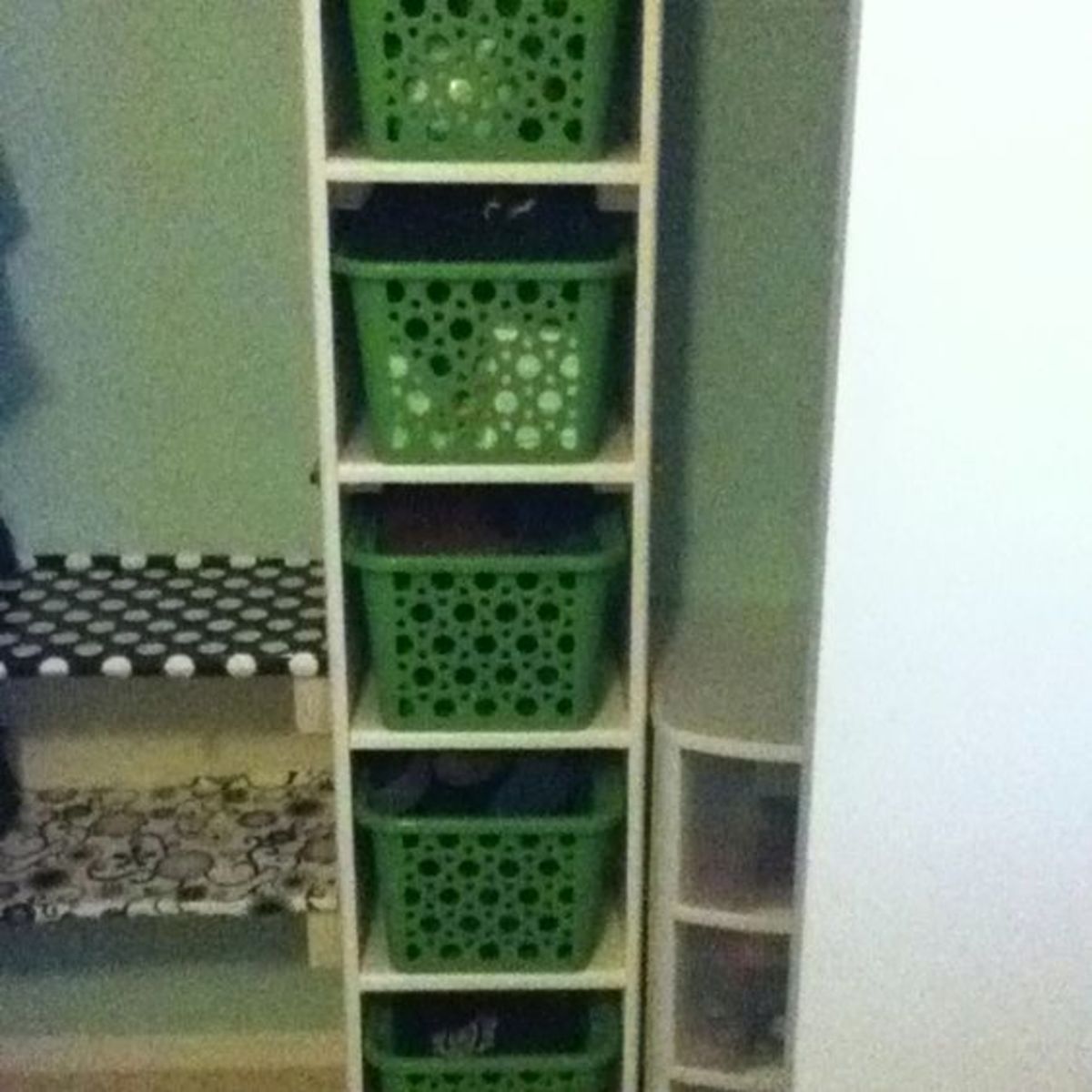 Organized closet! Dollar tree baskets for shoes and hats.