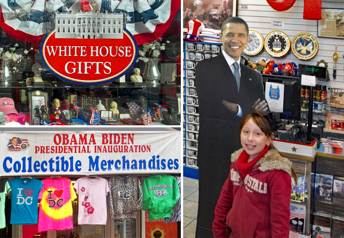 Souvenir shops and cardboard cutout of President Obama DC 2013.