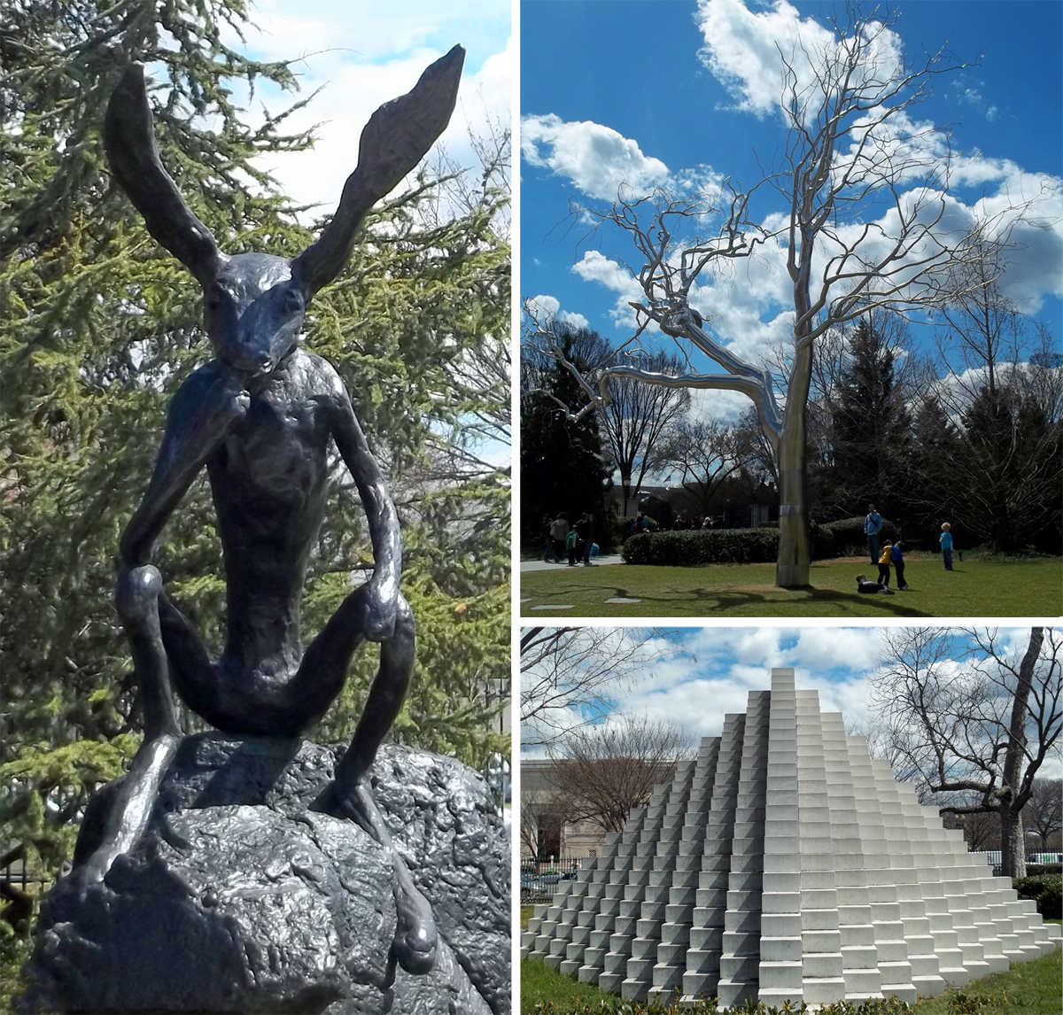 (Left) Barry Flanagan, Thinker on a Rock, 1997 (Upper Right) Roxy Paine, Graft, 2008–2009 (Lower Right) Sol LeWitt, Four-Sided Pyramid, first installation 1997, fabricated 1999