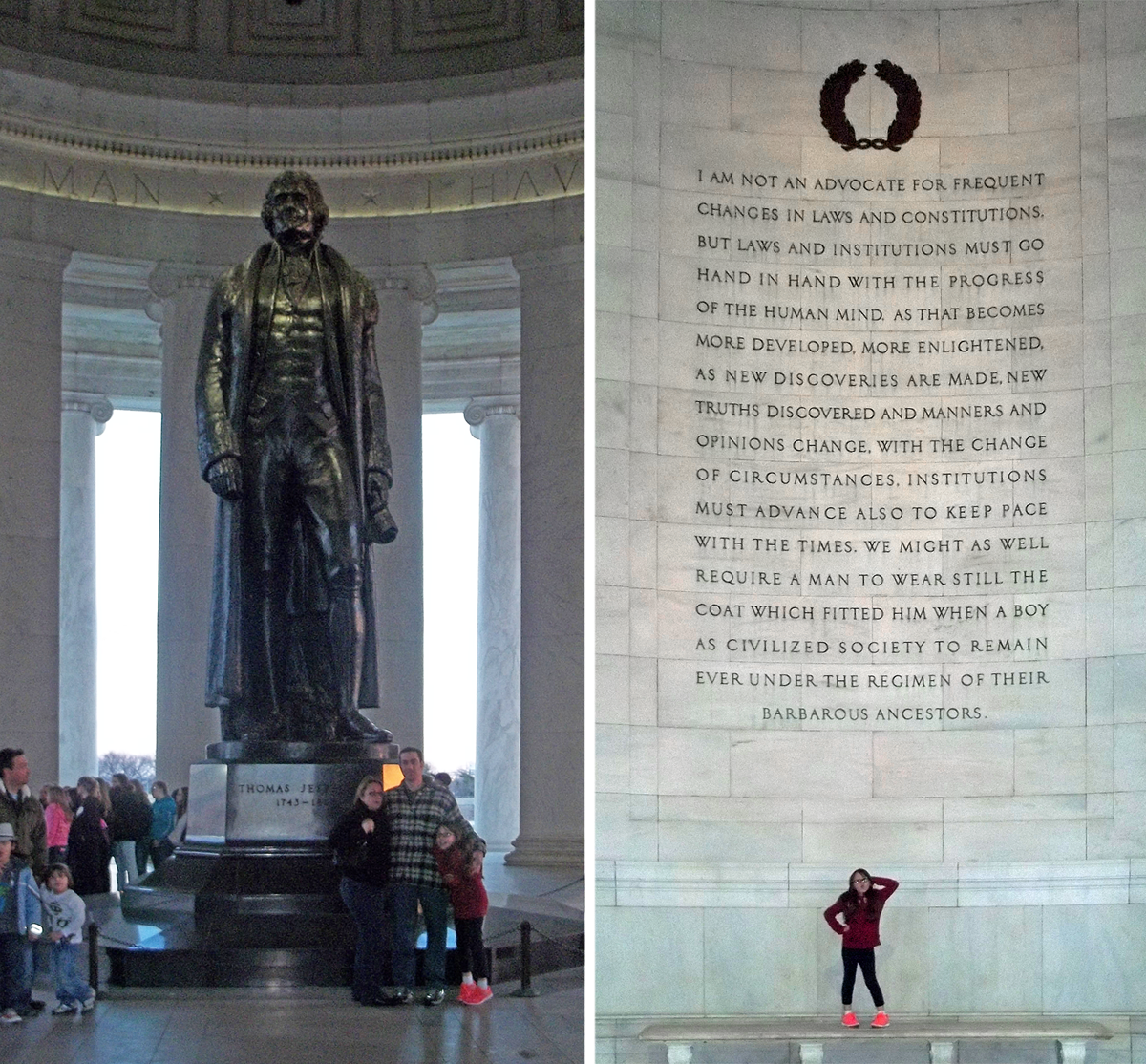 (Left) My husband, daughter and I with the Thomas Jefferson statue. (Right) My daughter inside the Jefferson Memorial. She looks so tiny. 