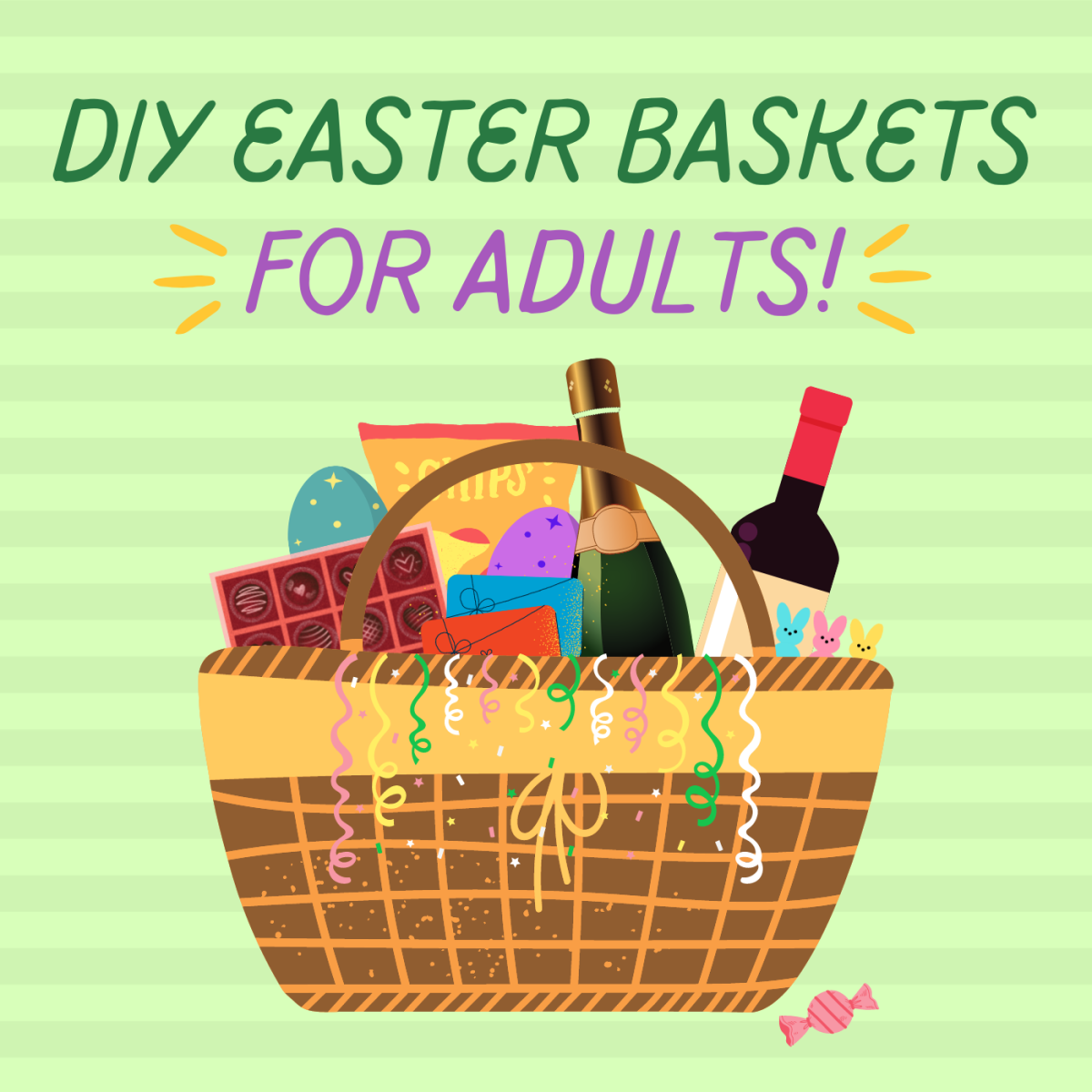 Treat the adults in your life to a grown-up Easter basket this year! Wine bottles, gift cards, and high-quality chocolates are all great filler ideas.