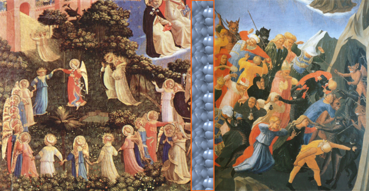 Details from Fra Angelico's painting of the Last Judgment depicting the saved and the damned. San Marco, Florence.