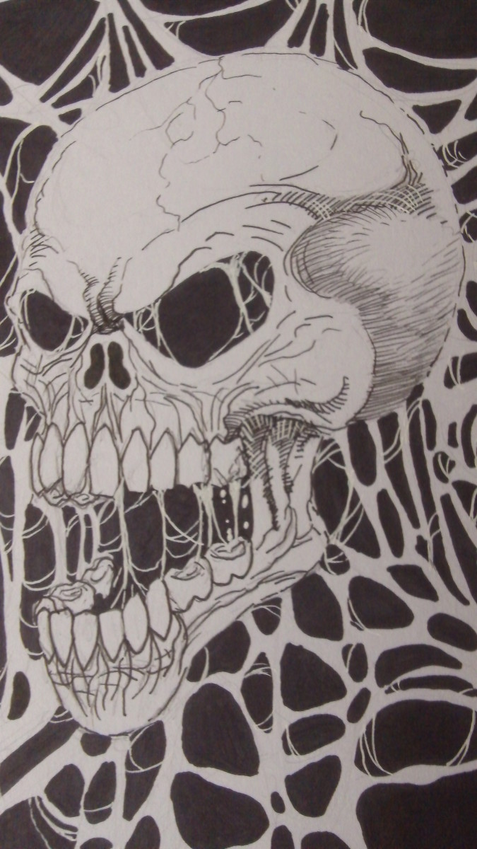 Skull of death, a horror skull illustration in black and white contrasting colors. Copyright Wayne Tully 2014