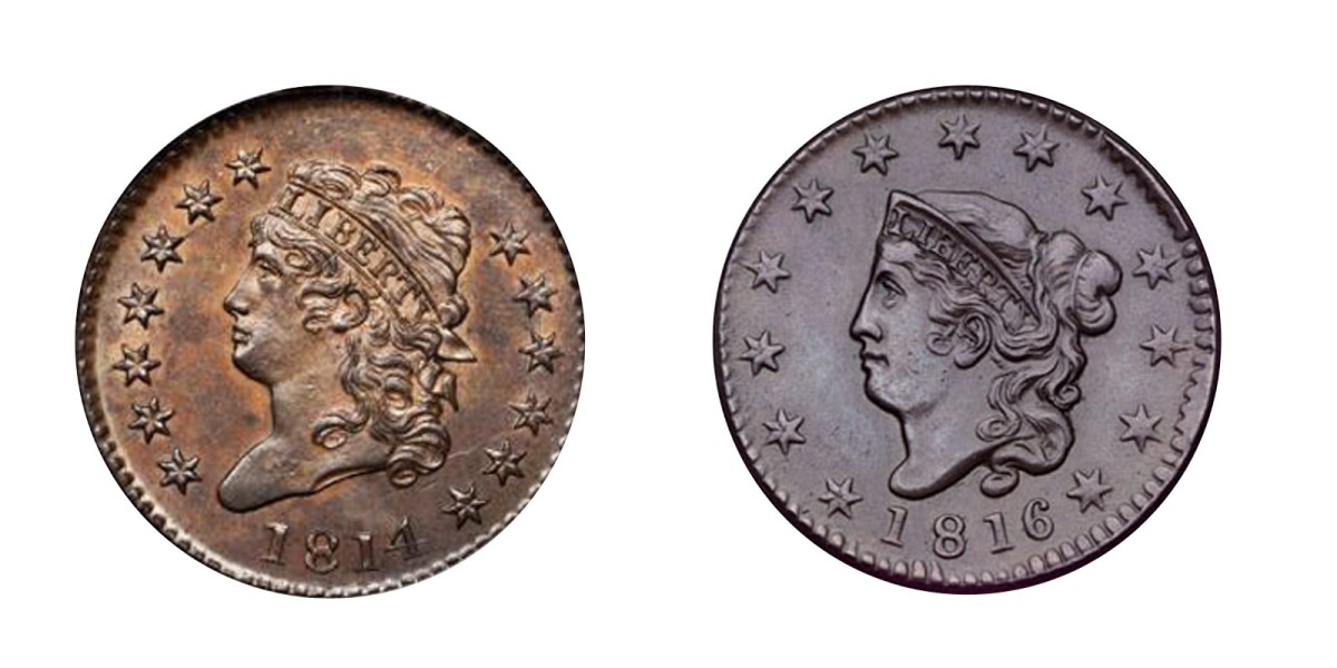  Obverses of the 1814 Classic Head large cent and the 1816 Matron Head large cent.