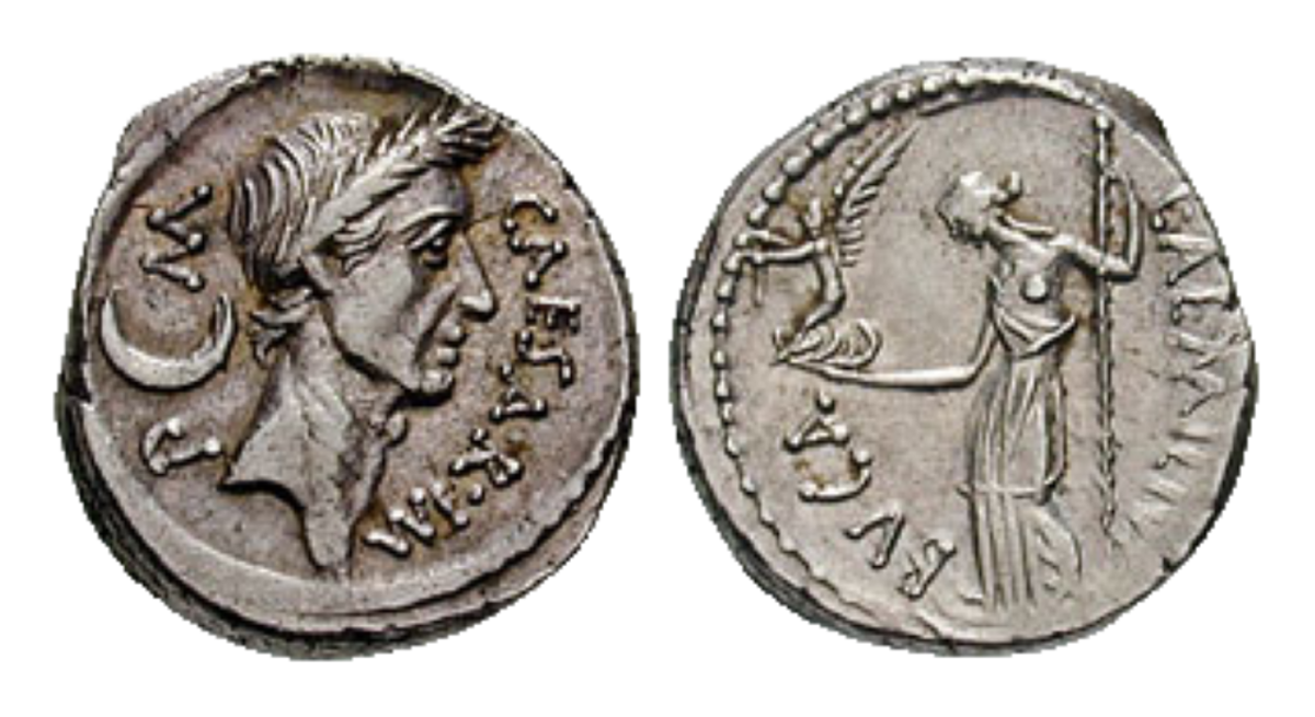 一种罗马共和国硬币，正面是凯撒大帝，反面是他的祖先维纳斯女神。