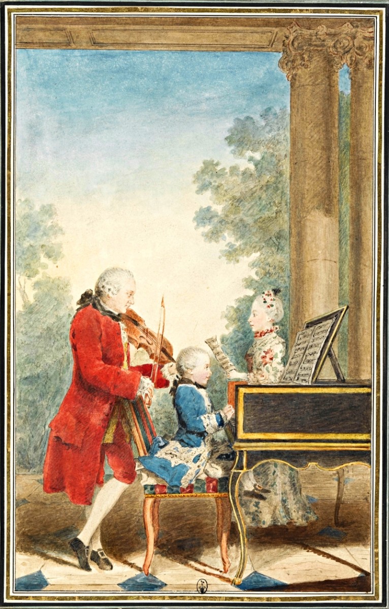 The Mozart family on tour: L-R: Father Leopold, Wolfgang, and sister Nannerl. Watercolour by Carmontelle, c. 1763