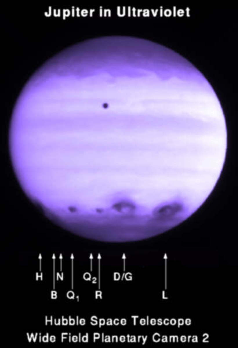 Ultraviolet image of Jupiter taken by the Wide Field Camera of the Hubble Space Telescope. The image shows Jupiter's atmosphere at a wavelength of 2550 Angstroms after many impacts by fragments of comet Shoemaker-Levy 9.