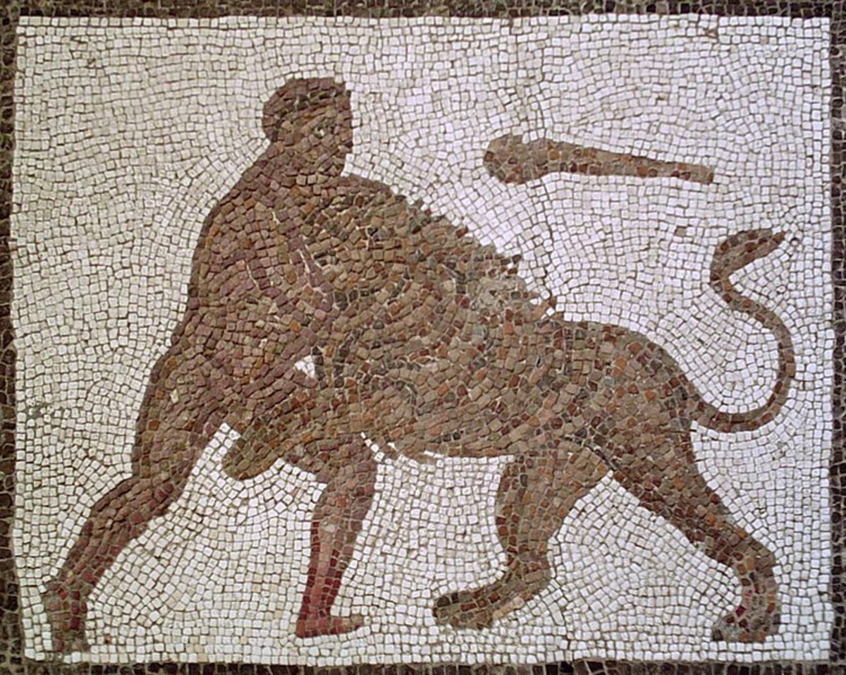 An ancient mosaic of Heracles strangling his feline adversary.