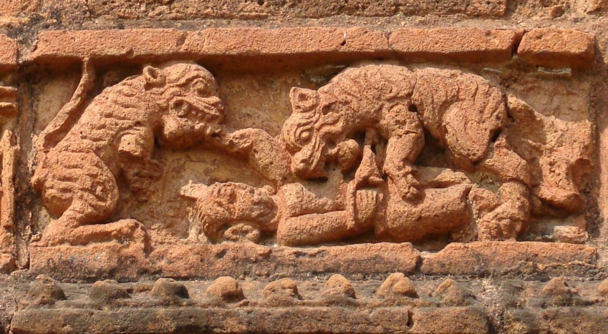 Two tigers mauling a man; terracotta; Jorbangla temple; Vishnupur