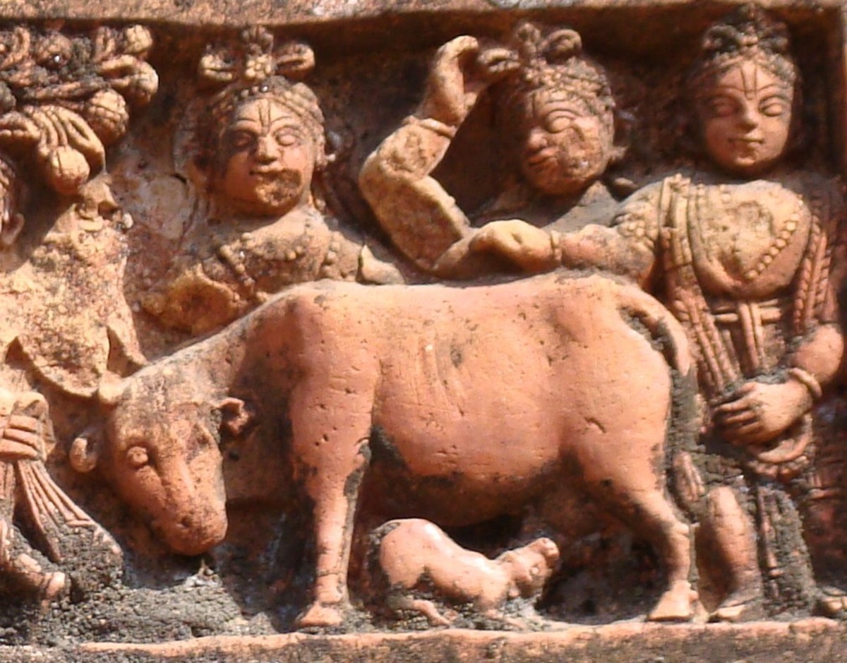 Cow and calf from "Gostha Leela" scene; terracotta ; Lakshmi Janardan temple; Debipur, Purva Bardhaman