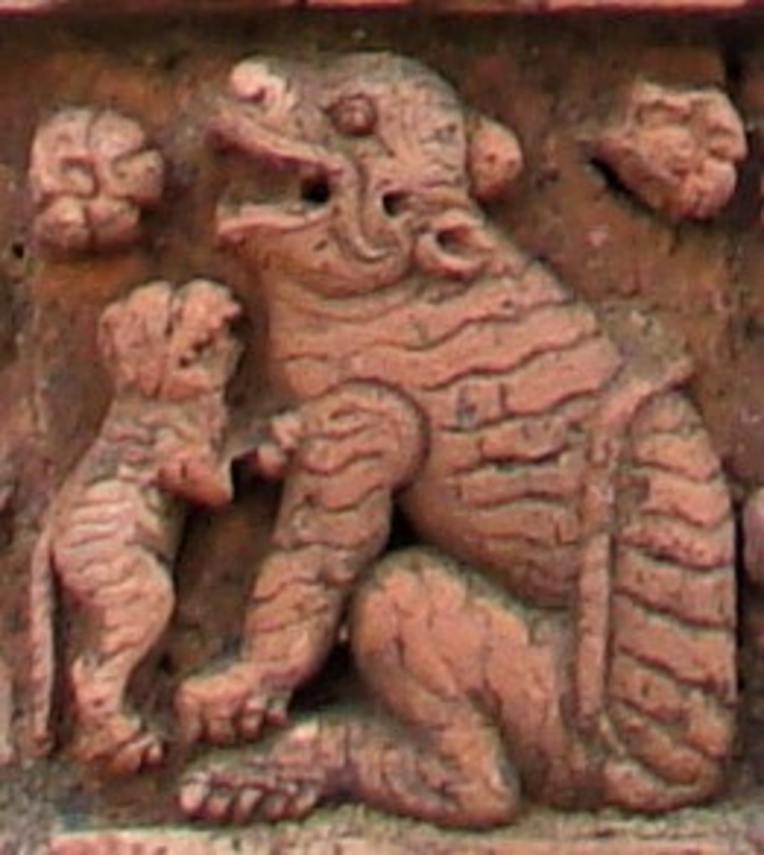 Tiger with cub; terracotta; Jorbangla temple; Vishnupur, district Bankura
