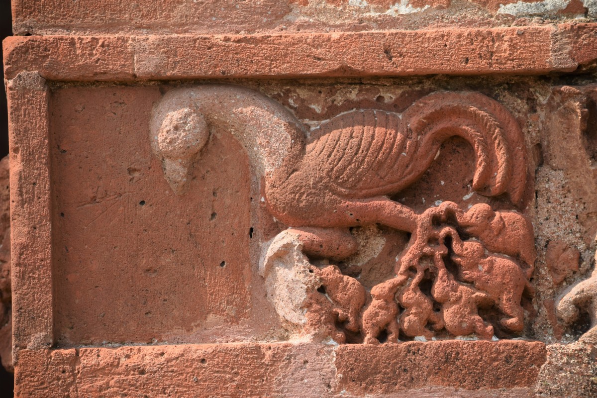 An imaginary bird carrying elephants in its talons; terracotta; "Rock bird" or "Singha Pakshi"; Jorbangla temple, Vishnupur 