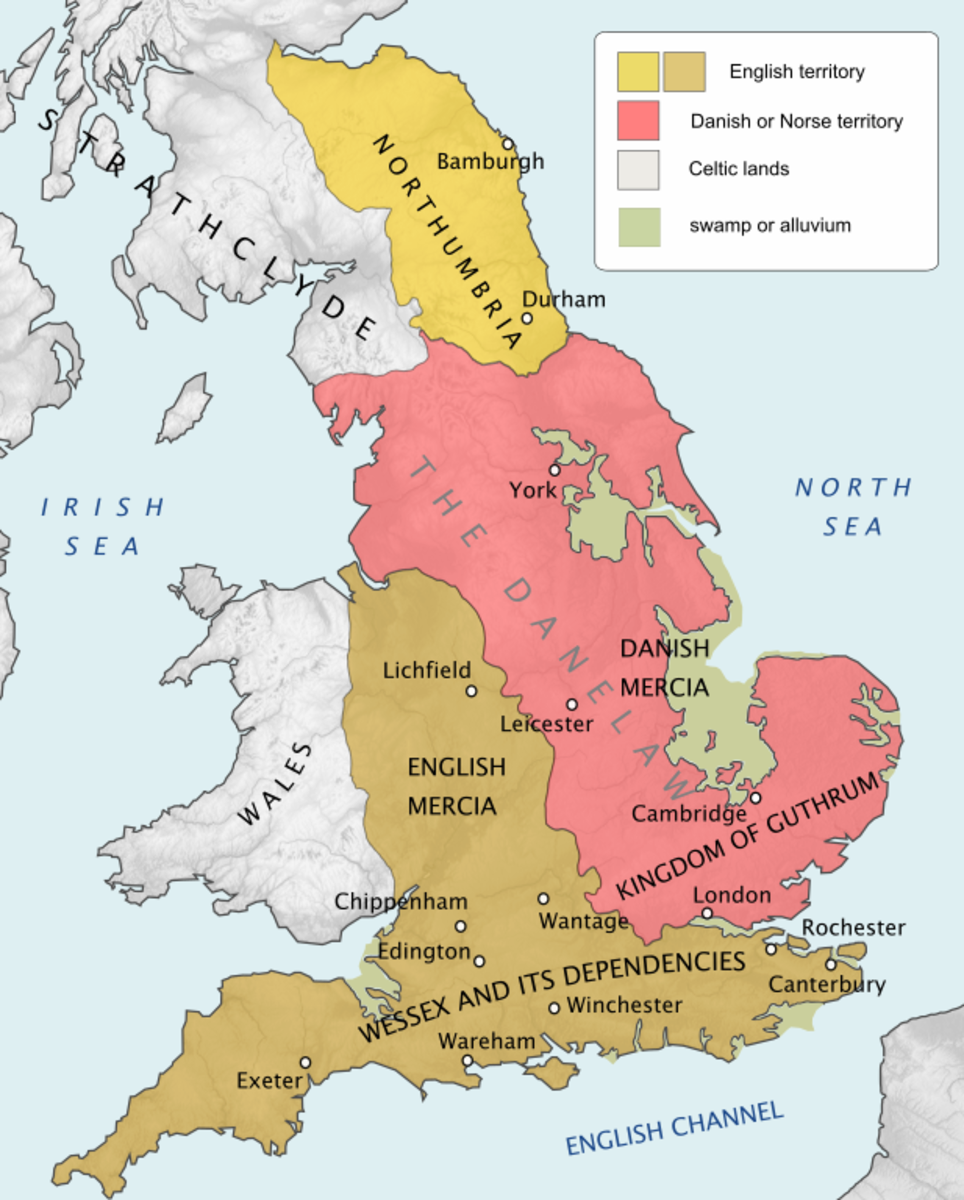 The kingdoms in the late 9th Century: Wessex in the south and south-west, Western Mercia and isolated Bernicia north of the Tees vs the Kingdom of Jorvik under Halvdan and the Danelaw with East Anglia  under Guthrum