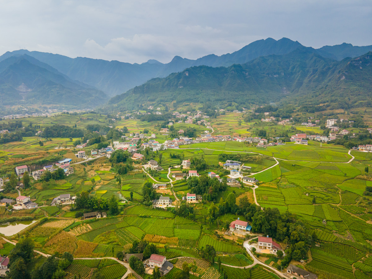 Aerial view rural China, Enshi City, Hubei Province 