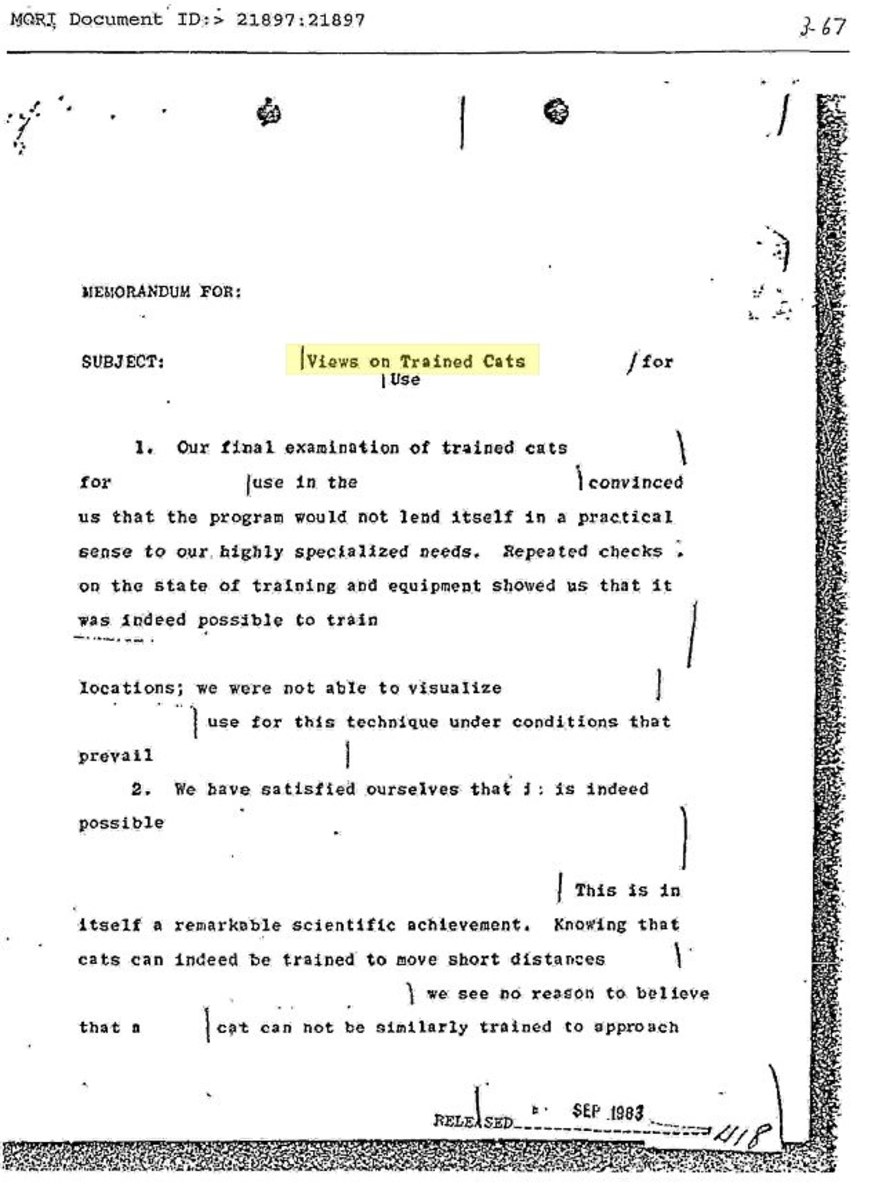 A portion of the heavily-redacted CIA memorandum on Operation Acoustic Kitty