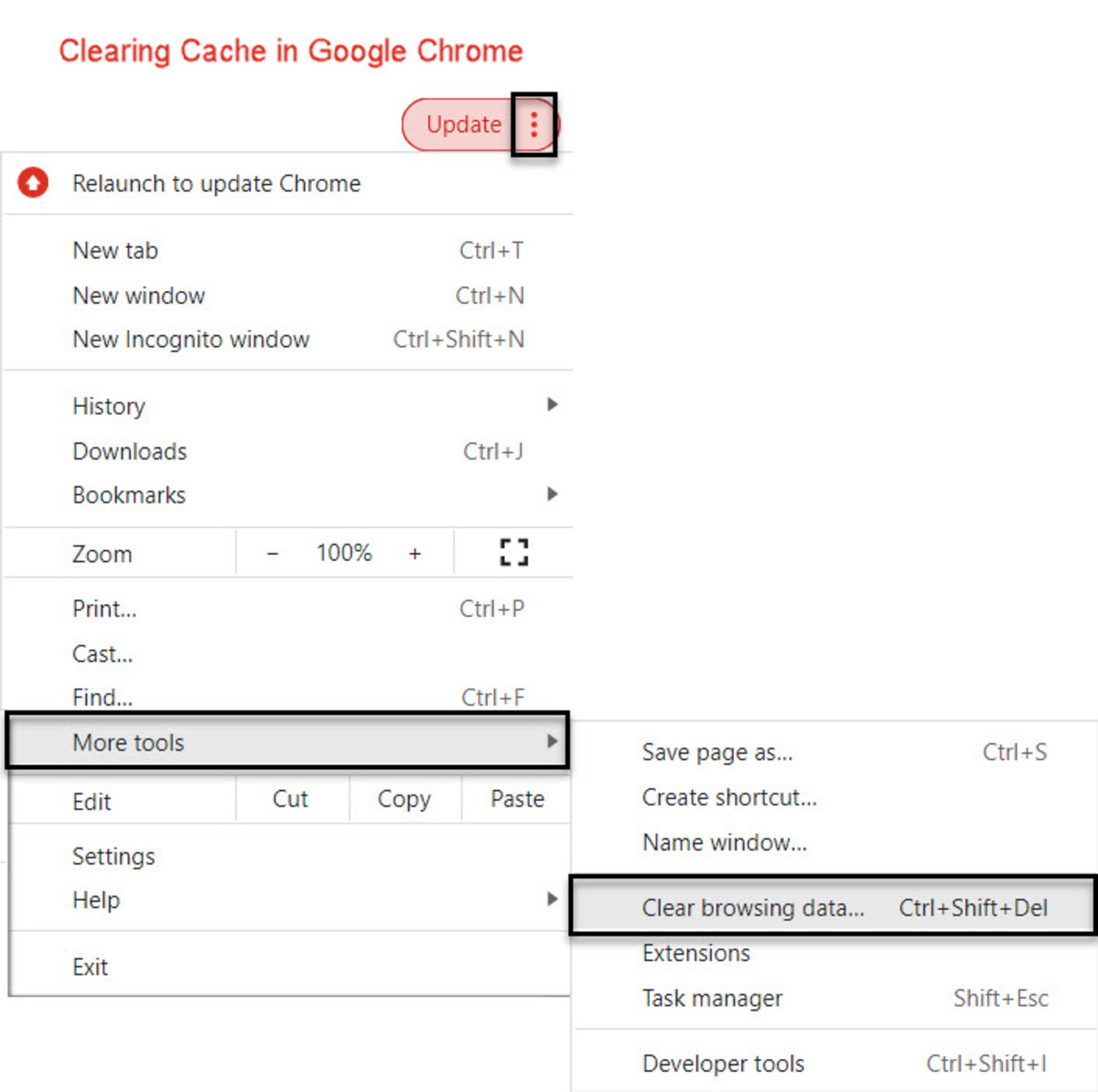 How to Clear Cache in Google Chrome, Click Vertical Ellipses for Menu, select More Tools, Clear Browsing Data