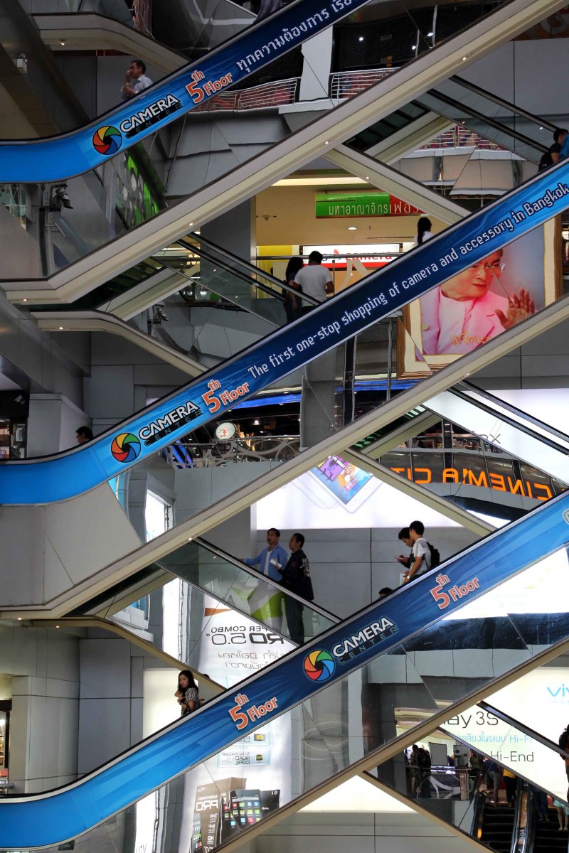 The criss-cross pattern of escalators linking the 8 stories at MBK shopping mall