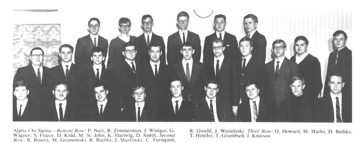 Alpha Chi Sigma fraternity brothers.  Taken in 1967.  Jack W is on the extreme right in the 2nd row