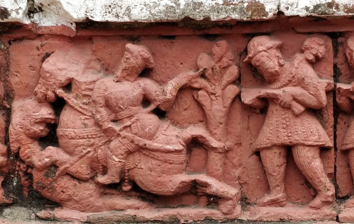 European hunters; terracotta; Radha Krishna temple, Ula-Birnagar, Nadia