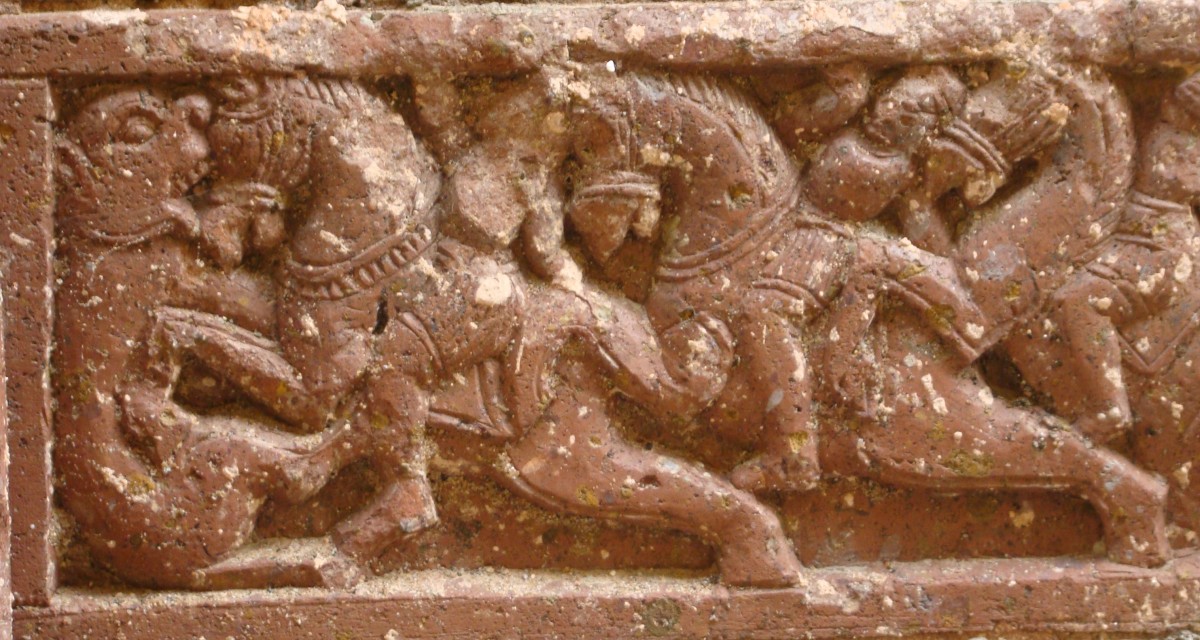 Hunting scene; stone carving; Shiva temple; Ganpur, Birbhum