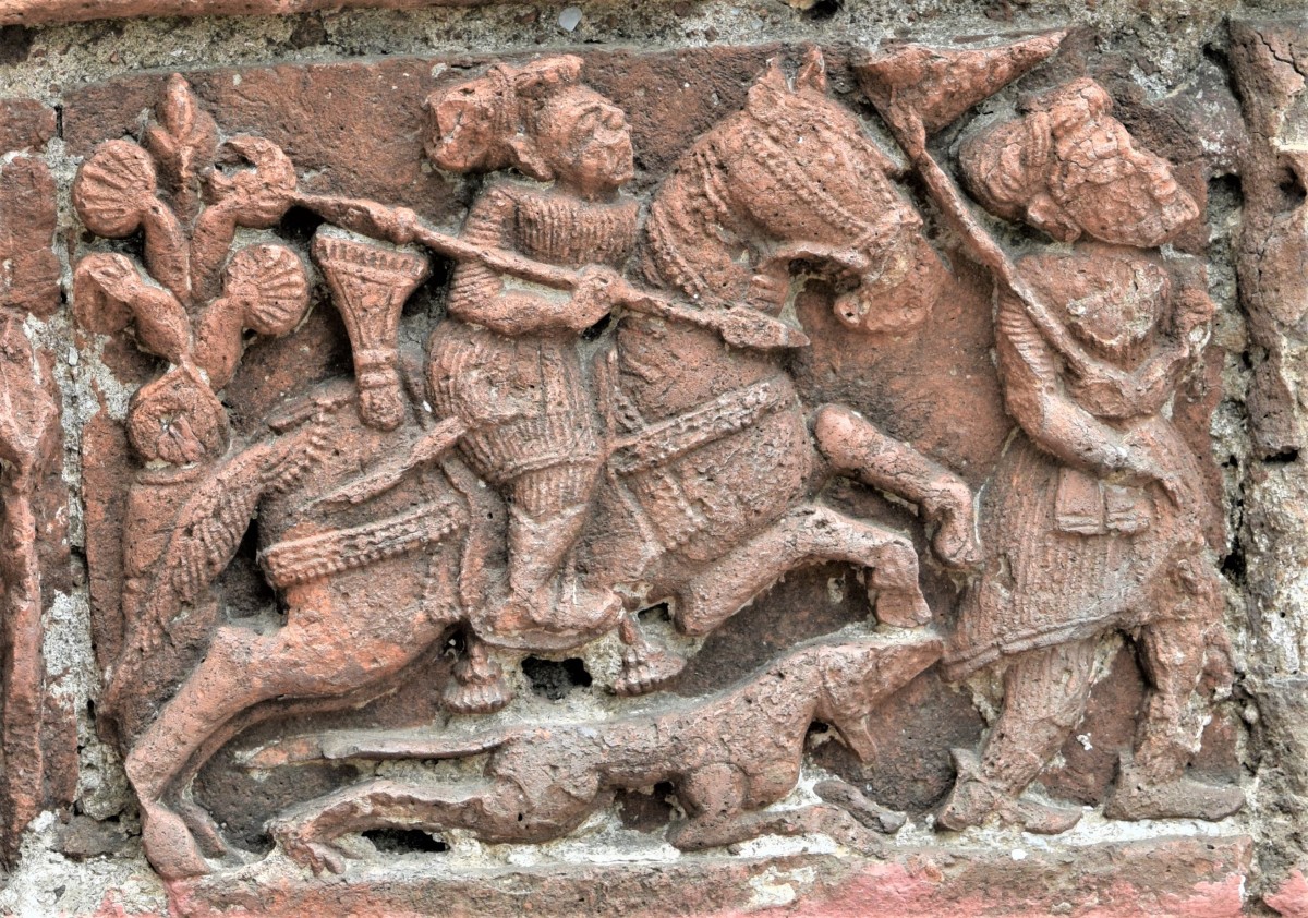 Hunter with spear on horseback; terracotta; Raghabeshwar temple, Dignagar, Nadia