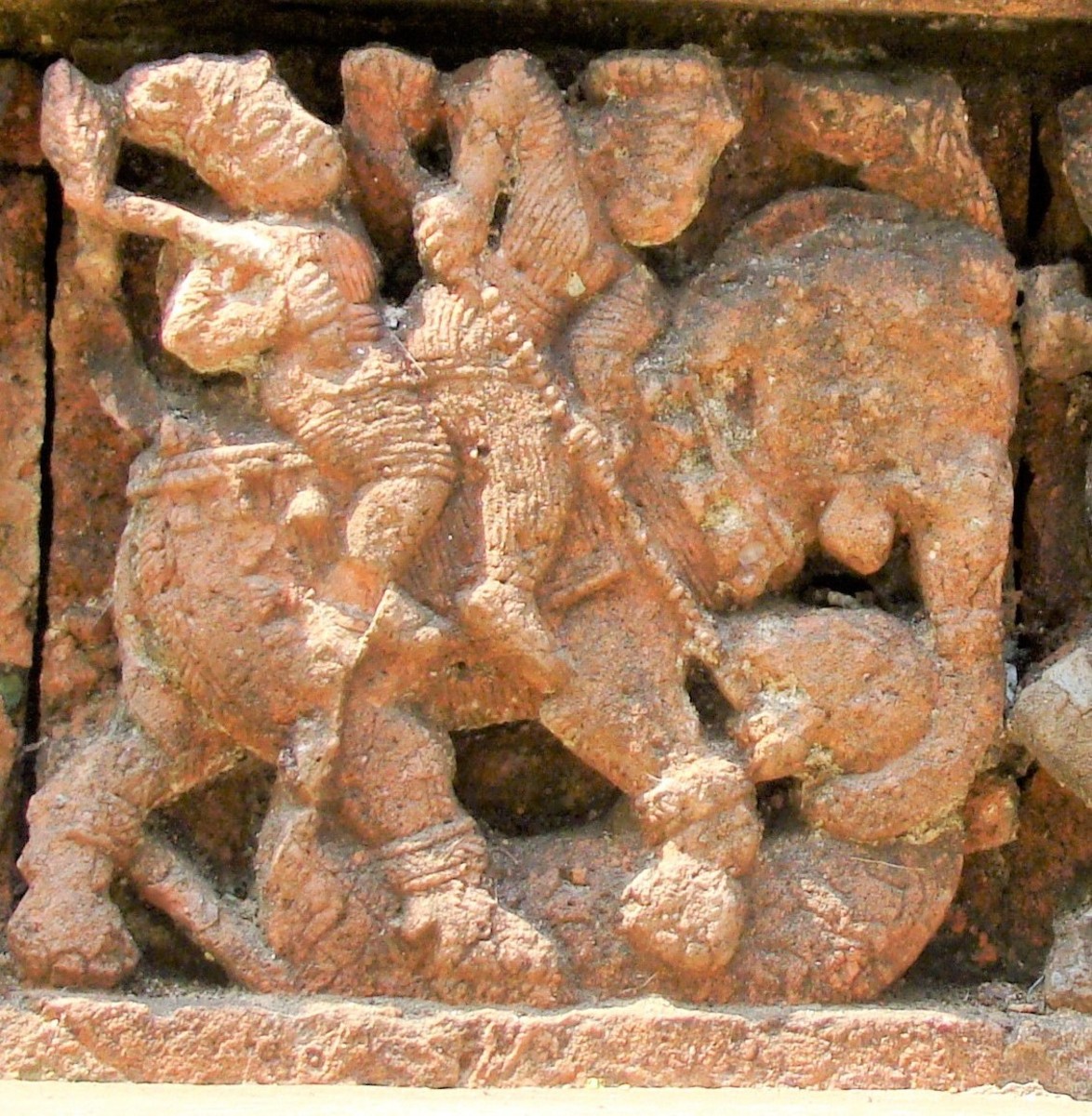 Hunter with spear on elephant; terracotta; Rajrajeshwar temple; dwarhatta, Hooghly