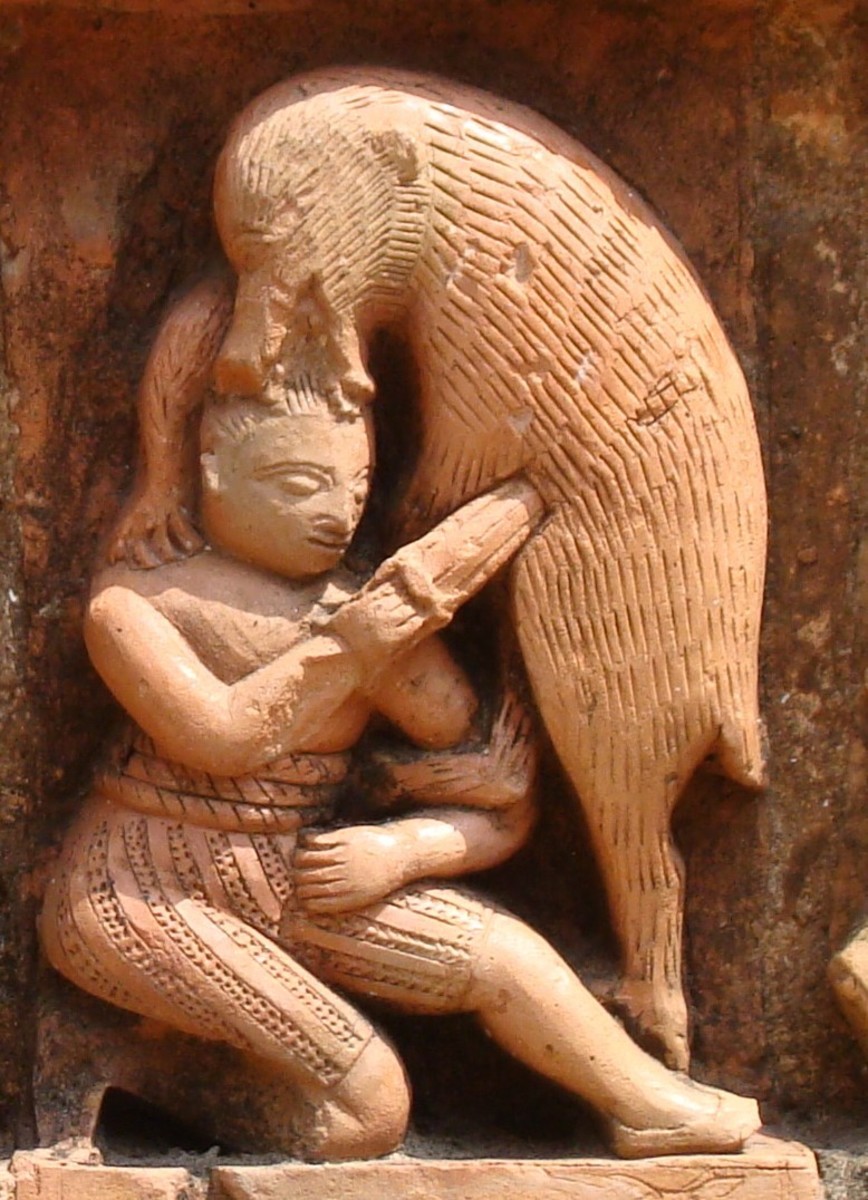 Hunter with dagger; terracotta; Charbangla temple; Baronagar, Murshidabad