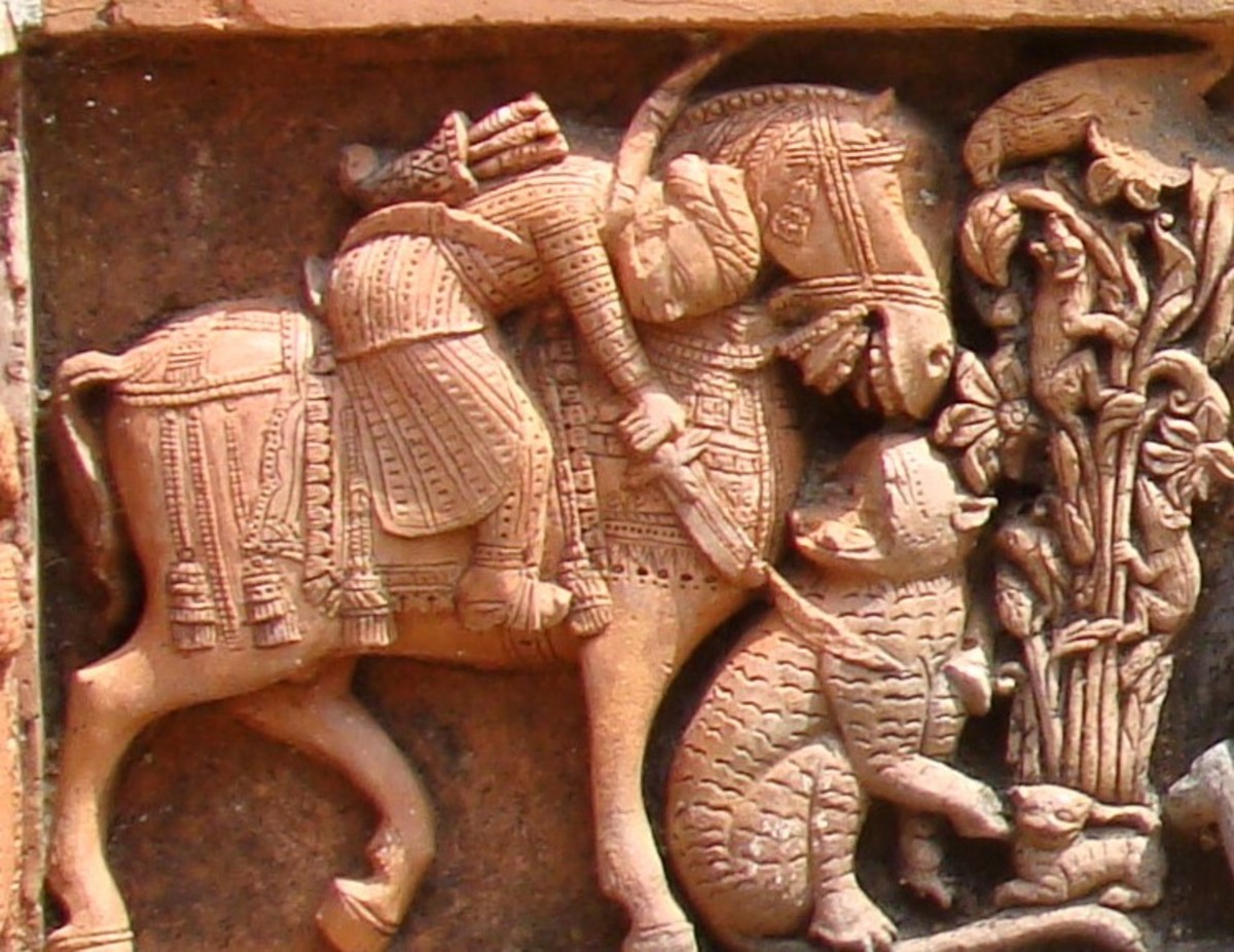 Tiger hunting; terracotta bas-relief; Charbangla temple, Baronagar, Murshidabad