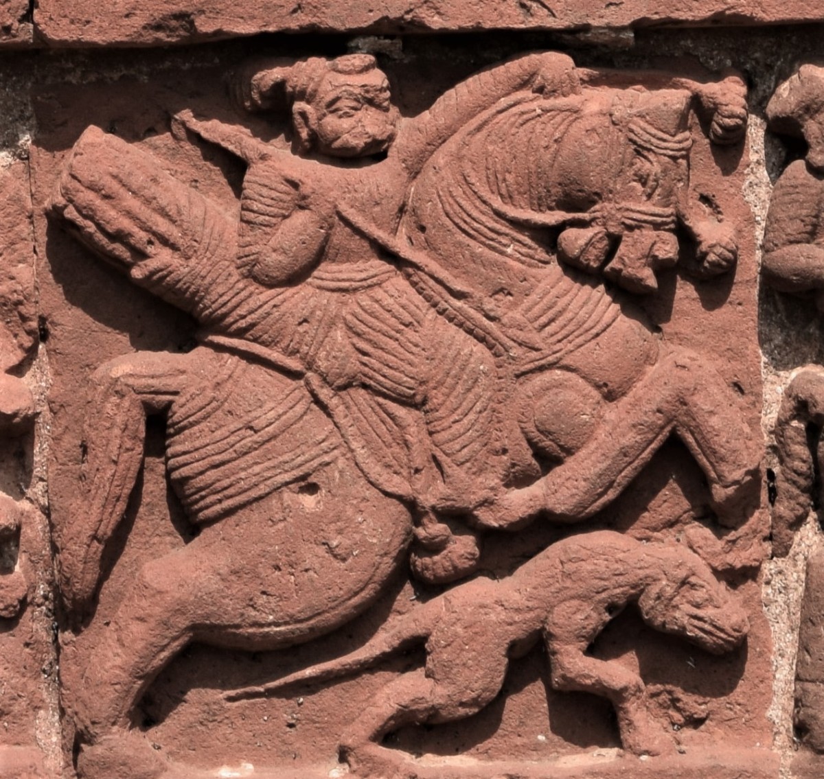 Hunter with dog; terracotta; Jorbangla temple; Vishnupur, Bankura