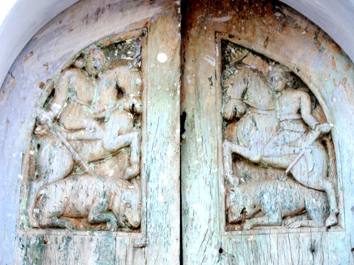Tiger hunters; carving on wooden door; Shiva temple; Bankati-Ajodhya; Paschim Bardhaman