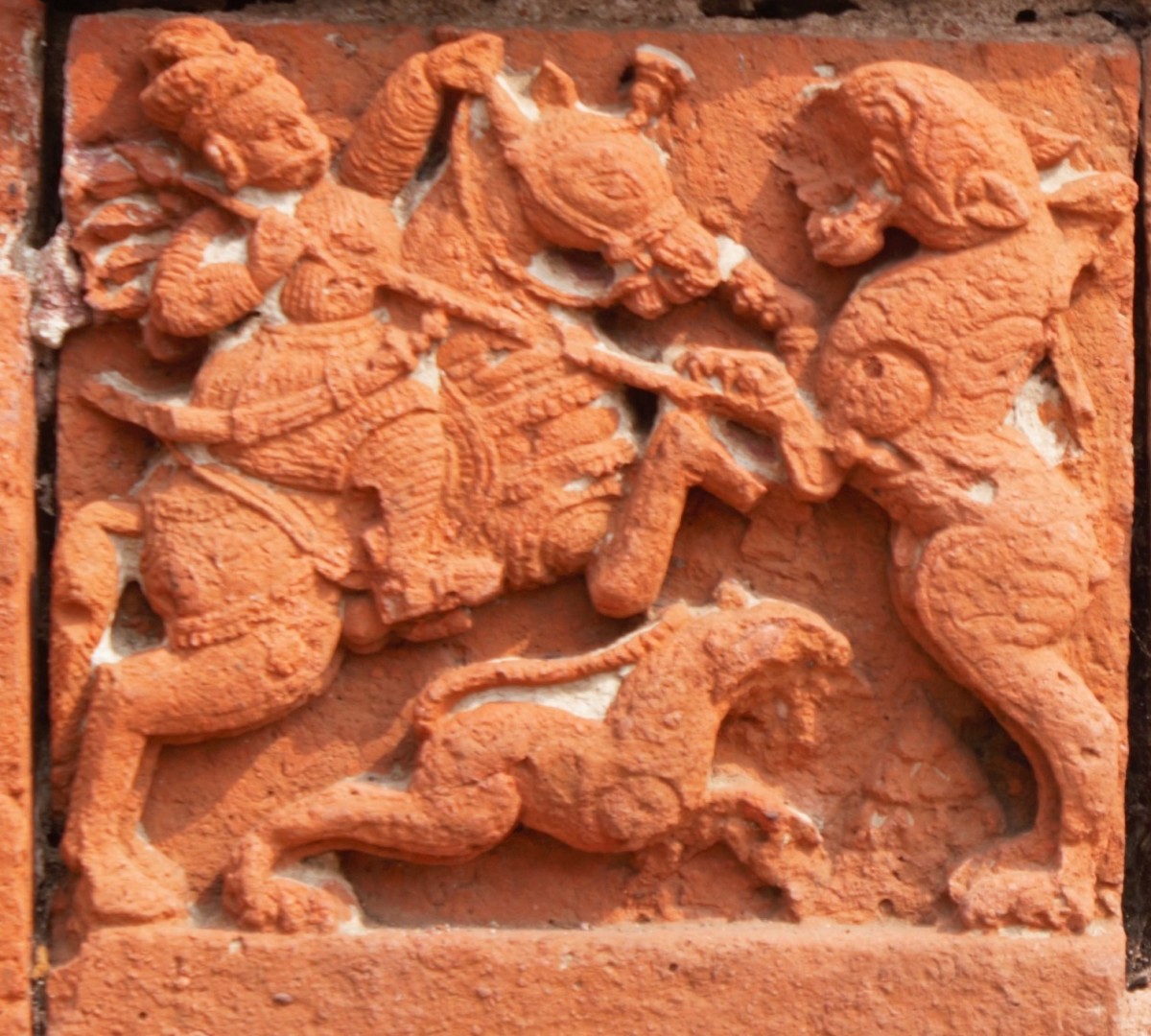 Hunter with a cheetah (possibly); terracotta; Ramchandra temple; Guptipara, Hooghly