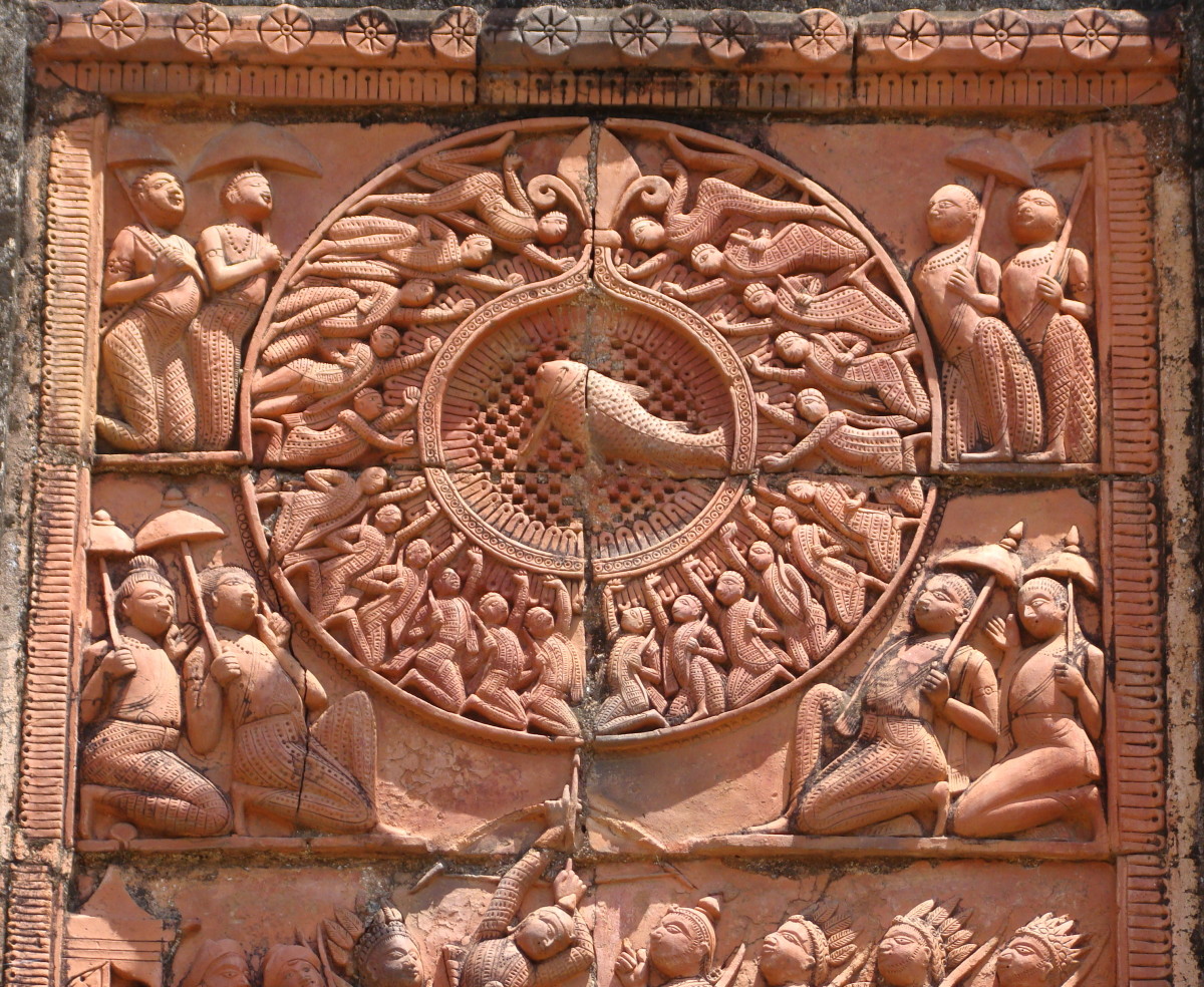 Scdene from the Mahabharata : Arjuna shooting a fish through the central hole of a wheel/disc; terracotta; Vishnu temple; Hadal-Narayanpur, Bankura