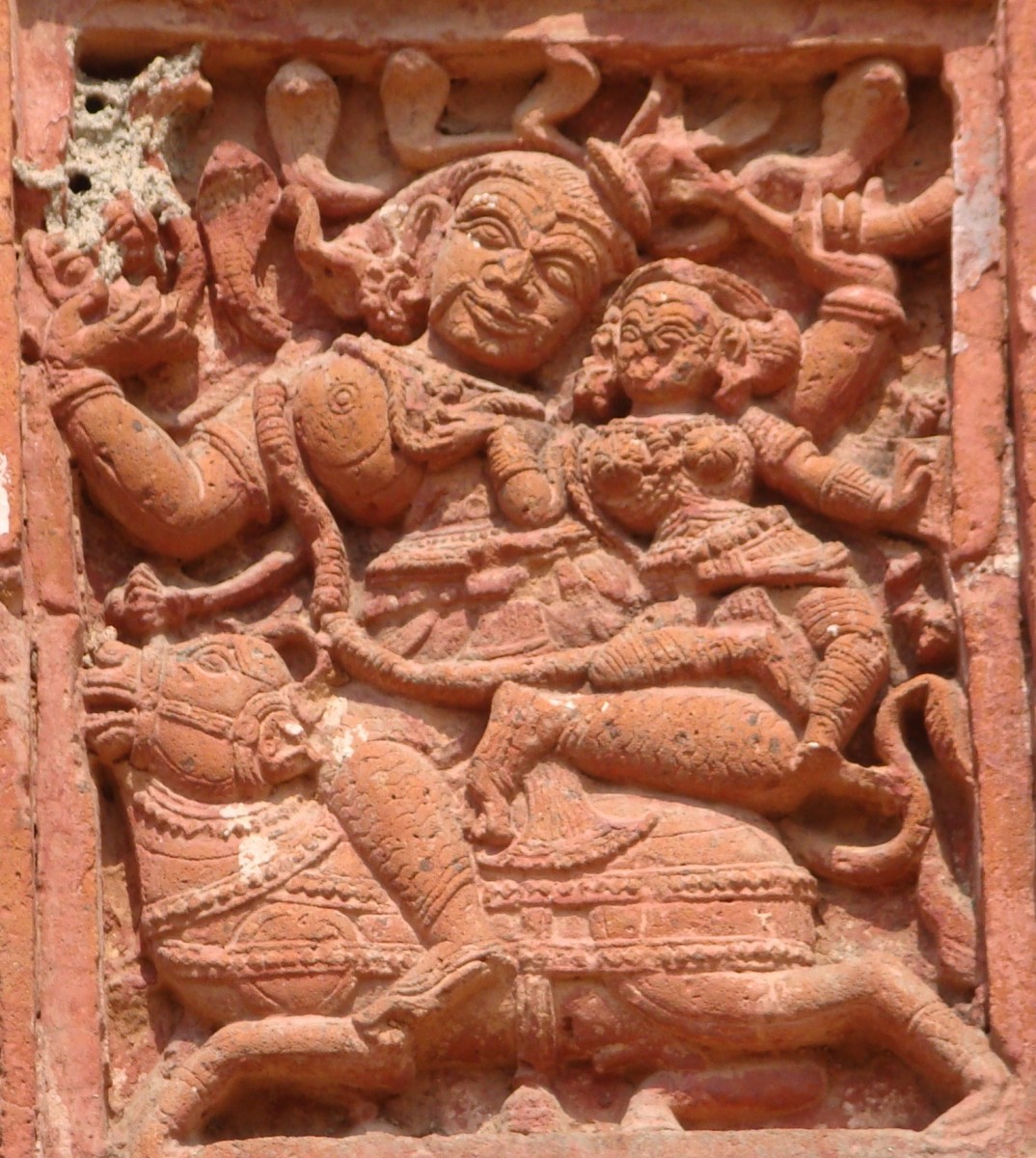Lord Shiva with his consort Durga on Nandi the Bull; terracotta; Raghunath Shiva temple; Ghurisha, Birbhum