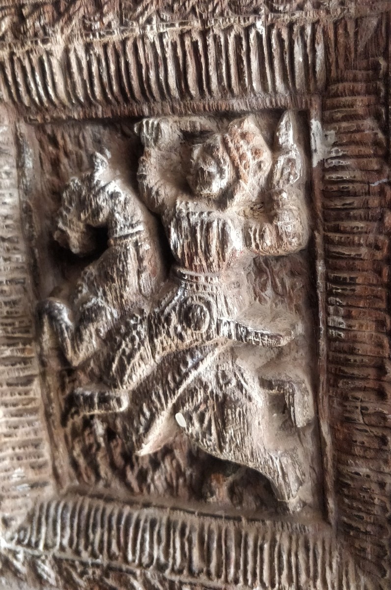 Wood carving in temple decoration : Kalki Avatar; Narayan temple; Jaipur, bankura