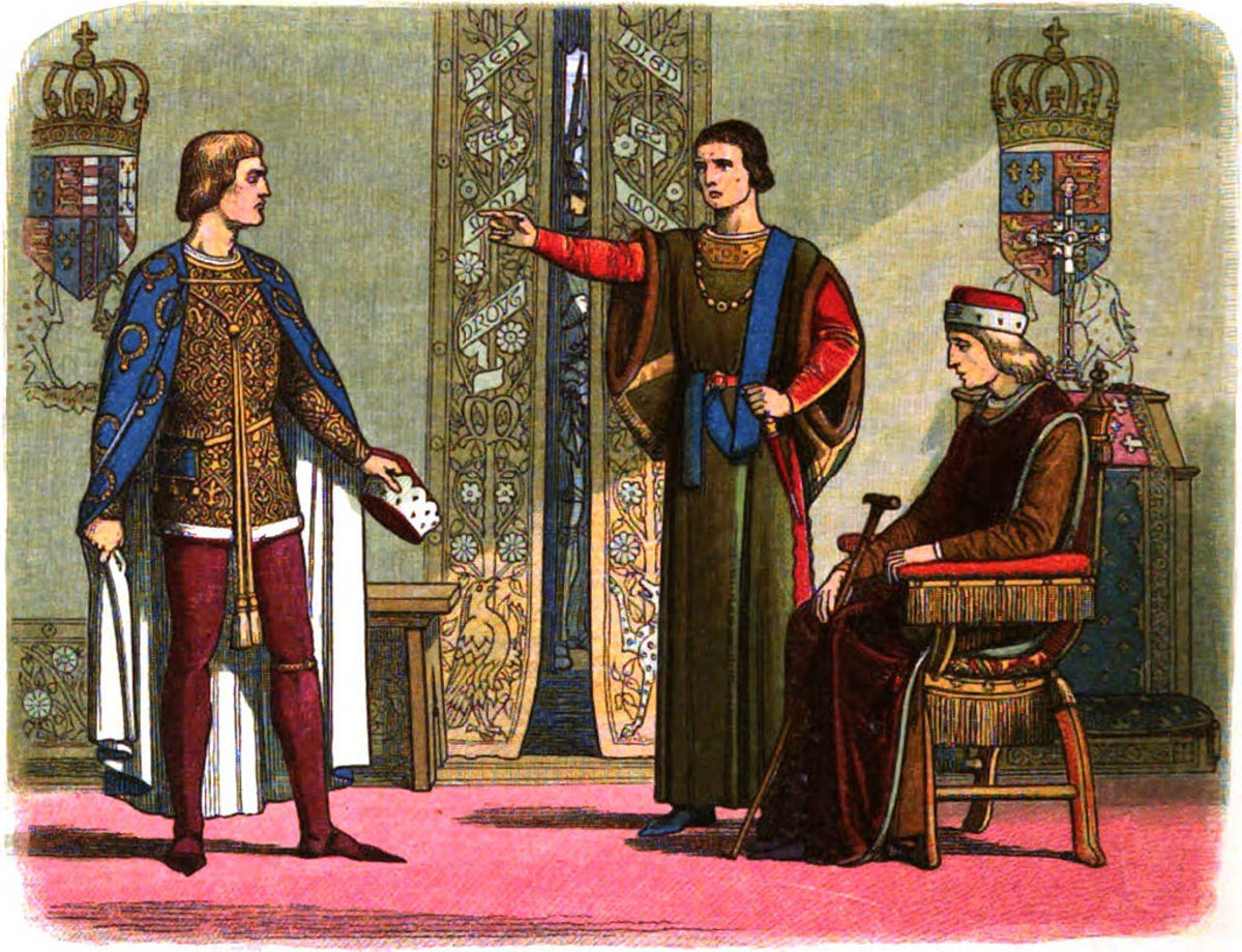 Henry VI sits while Richard Plantagenet, 3rd Duke of York, and Edmund Beaufort, 2nd Duke of Somerset, have an argument. 