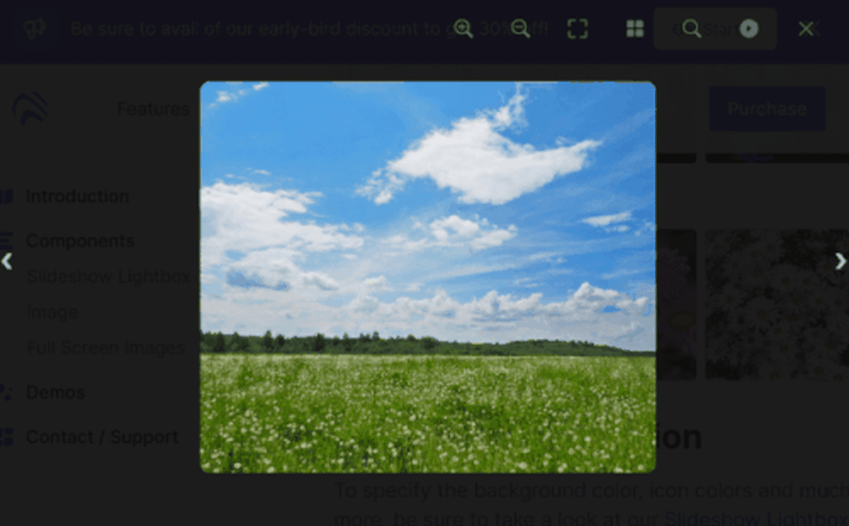 Lightbox.js has built-in zooming functionality, as shown in this example.