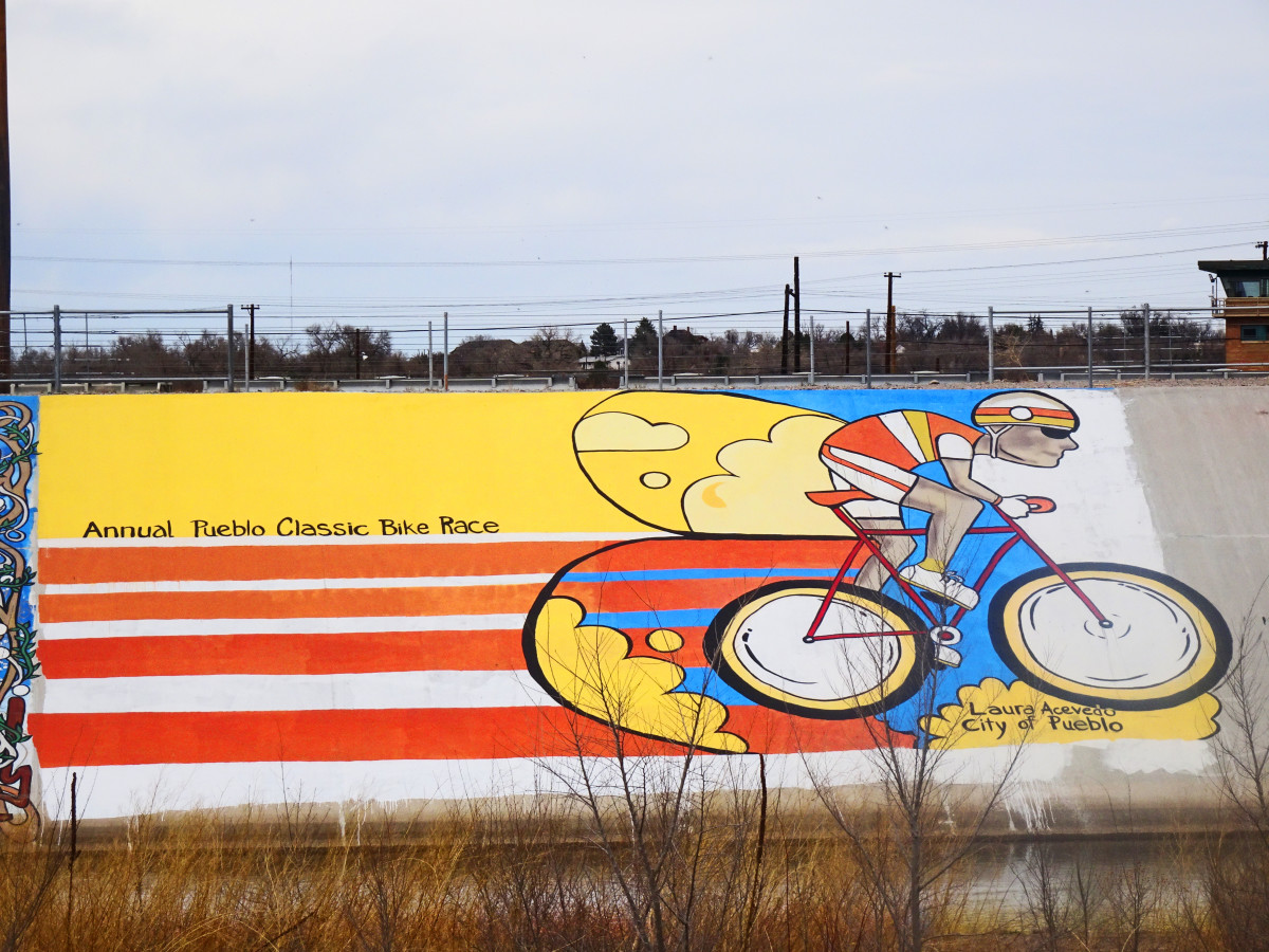 Bike riding is tremendously popular in Colorado, and this mural along the Pueblo Levee Mural Project pictures the Annual Pueblo Classic Bike Race.