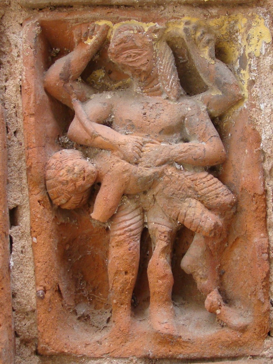 Nrisingha Deva with 4 arms; terracotta; Shiva temple, Dubrajpur, Birbhum